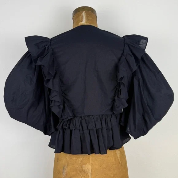 RHODE Eloise Blouse Black Cotton Puff Sleeve Ruffled Top EUC size M - Picture 6 of 10